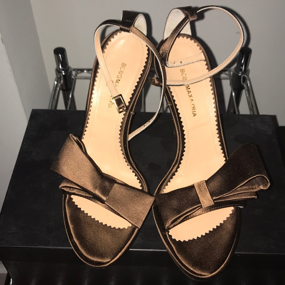 BCBGMaxAzria Bronze Satin Bow Ankle-Strap Sandals